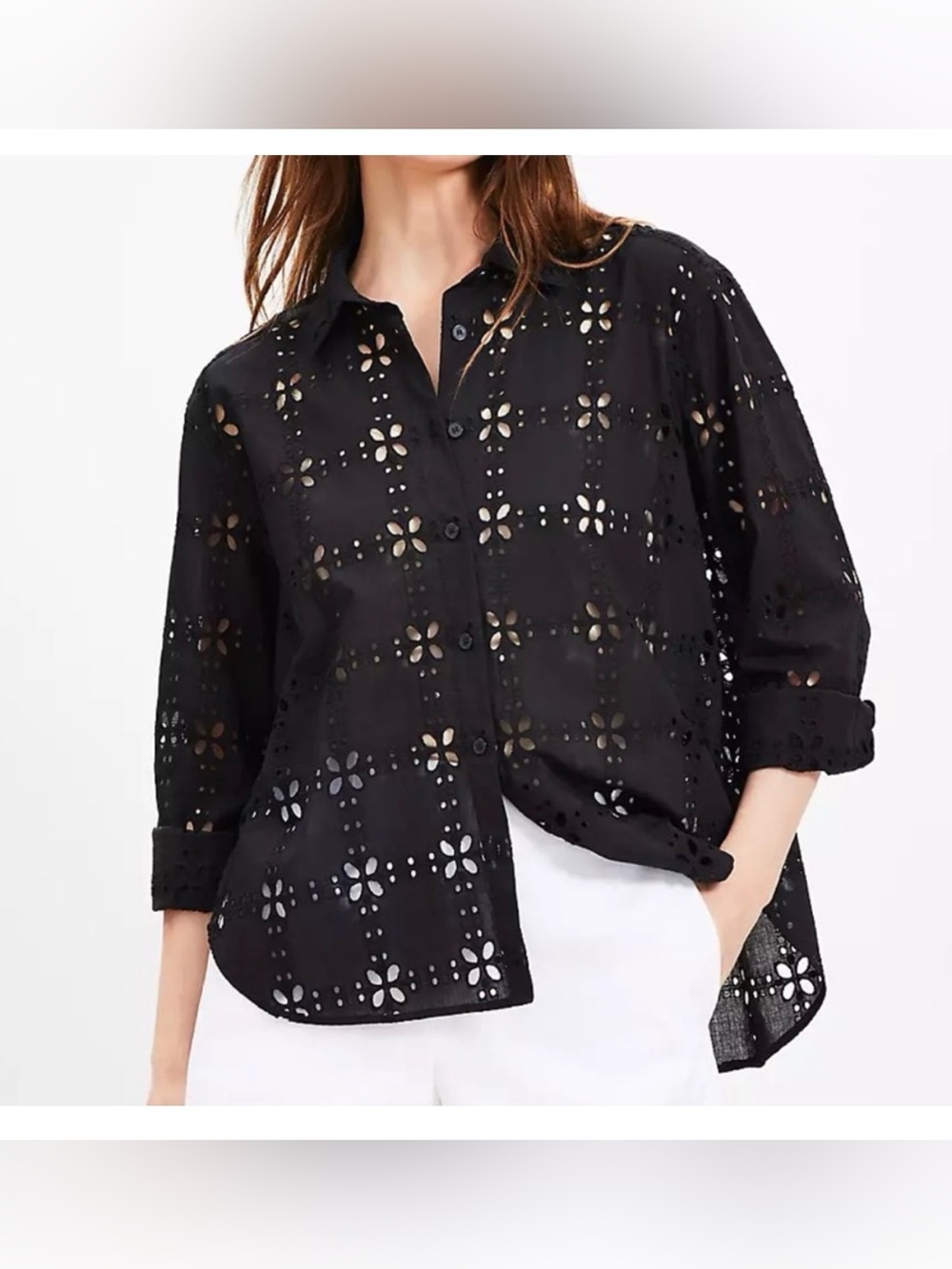 LOFT Black Eyelet Button-Down Shirt